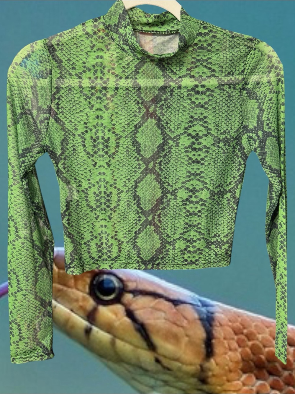 Women’s Size Small Mesh Cropped Top Mockneck Long Sleeves Green Grey Snake Print